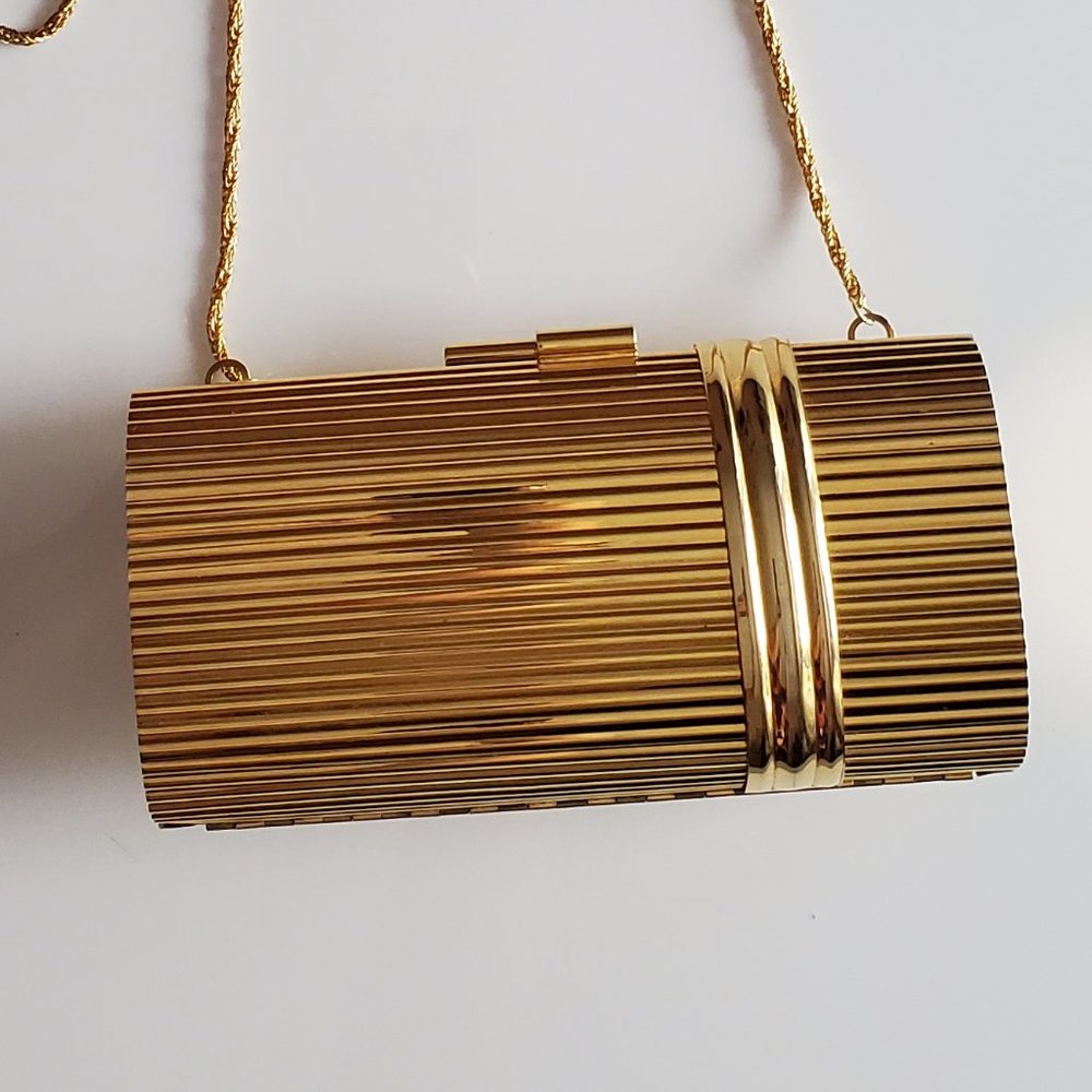Gold Minaudière Clutch Metallic Hard Case with Chain Strap